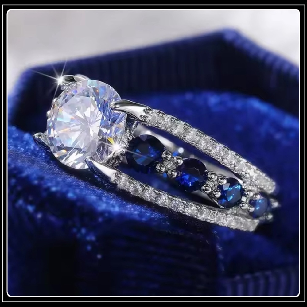 Clearance! New 925 silver round solitaire simulated diamond blue sapphire ring